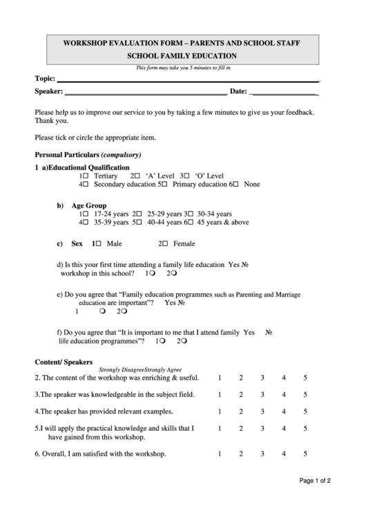 Workshop Evaluation Form - Parents And School Staff School Family Education Printable pdf