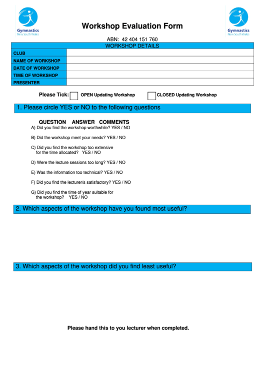 Workshop Evaluation Form Printable pdf