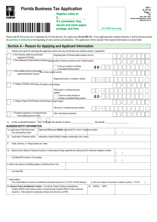 Dr1 Florida Business Tax Application Printable pdf
