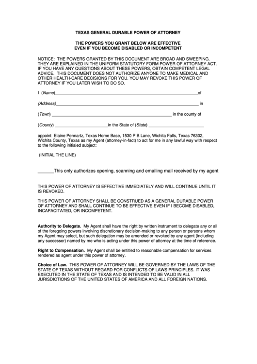 Texas General Durable Power Of Attorney Form Printable pdf