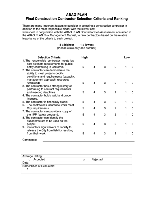 Abag Plan Final Construction Contractor Selection Criteria And Ranking Printable pdf
