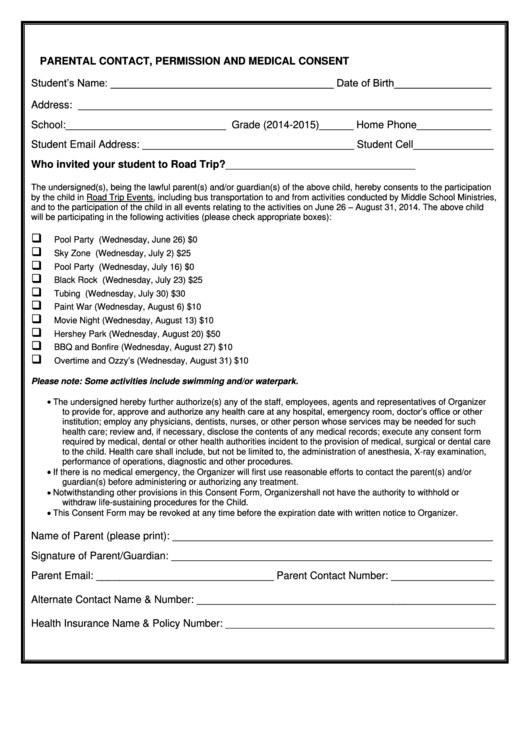 Parental Contact Permission And Medical Consent Form Printable pdf