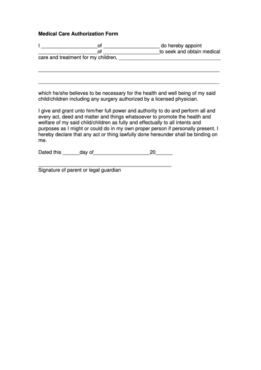 Medical Care Authorization Form Printable pdf