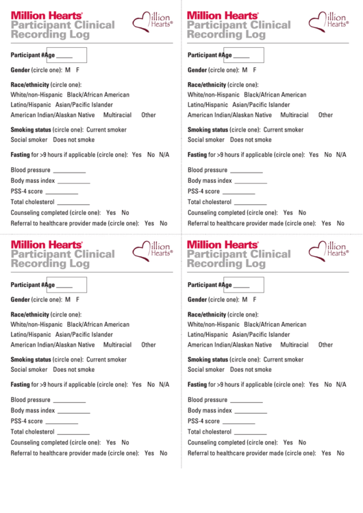 Million Hearts Participant Clinical Recording Log Printable pdf
