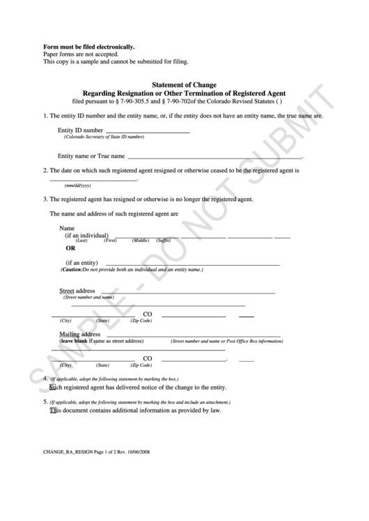Statement Of Change Regarding Resignation Or Other Termination Of Registered Agent Printable pdf