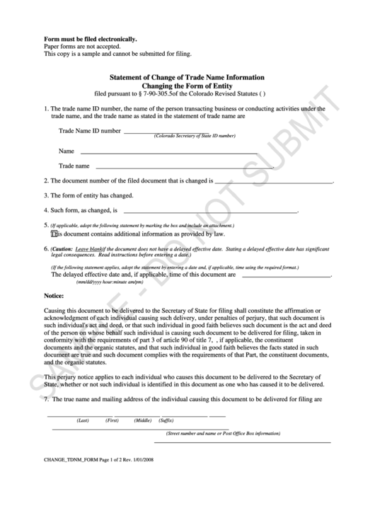Statement Of Change Of Trade Name Information Changing The Form Of Entity Printable pdf
