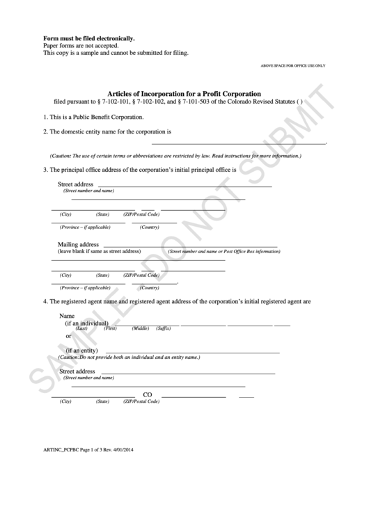 Form Artinc_pcpbc - Articles Of Incorporation For A Profit Corporation - 2014 Printable pdf