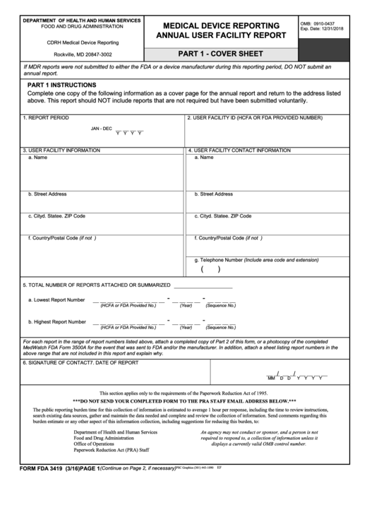 Form Fda 3419 (3/16) - Medical Device Reporting Annual User Facility Report Form