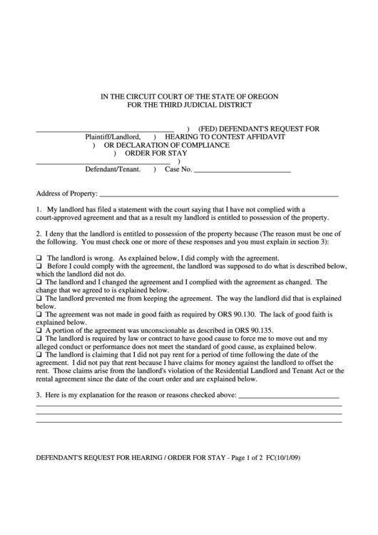 Defendants Request For Hearing To Contest Affidavit Or Declaration Of Compliance Order For Stay Printable pdf