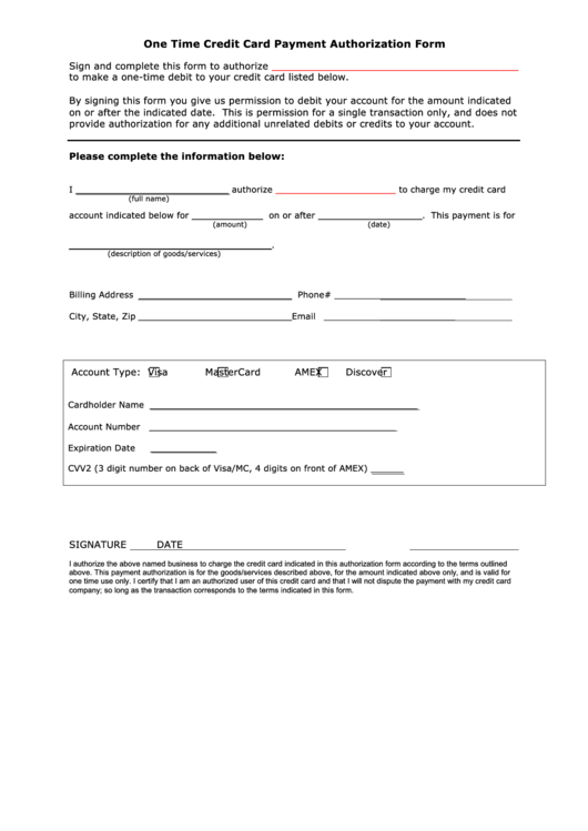 Fillable One Time Credit Card Payment Authorization Form Printable pdf