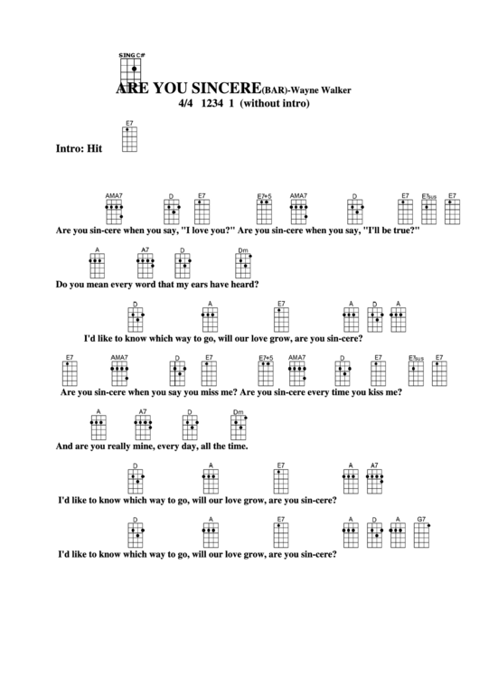 Are You Sincere (Bar) - Wayne Walker Chord Chart Printable pdf