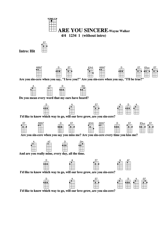Are You Sincere - Wayne Walker Chord Chart Printable pdf