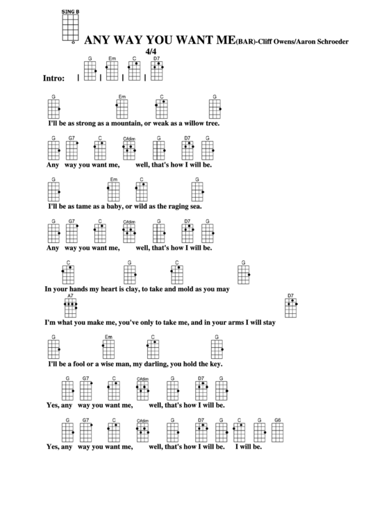 Any Way You Want Me (Bar) - Cliff Owens/aaron Schroeder Chord Chart Printable pdf