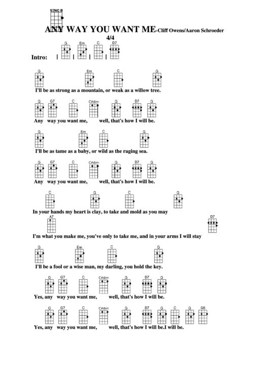 Any Way You Want Me - Cliff Owens/aaron Schroeder Chord Chart Printable pdf