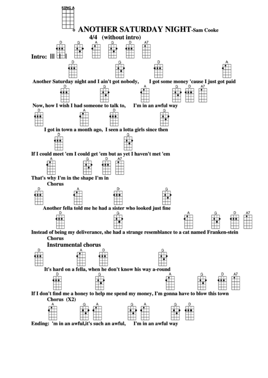 Another Saturday Night - Sam Cooke Chord Chart Printable pdf