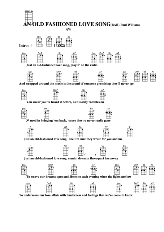 An Old Fashioned Love Song (Bar) - Paul Williams Chord Chart Printable pdf