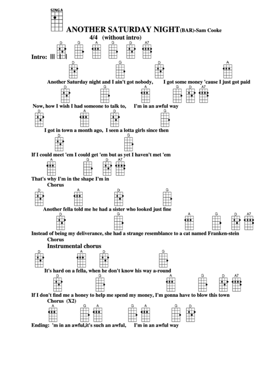 Another Saturday Night (Bar) - Sam Cooke Chord Chart Printable pdf