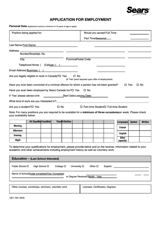 Fillable Sears Application For Employment Printable pdf