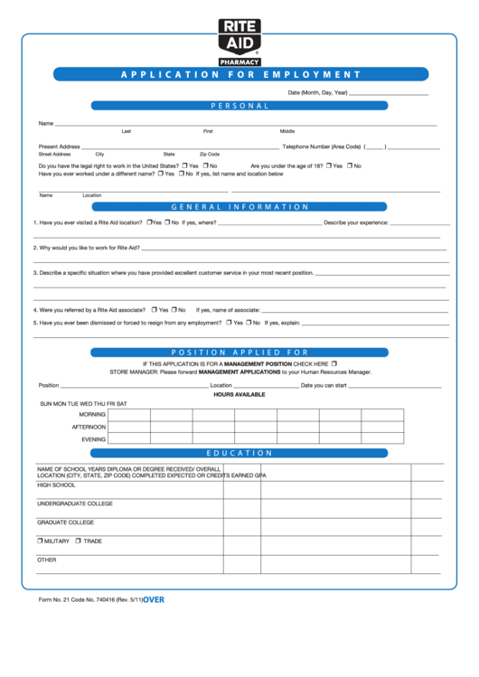 Application For Employment Form - Rite Aid Pharmacy Printable pdf