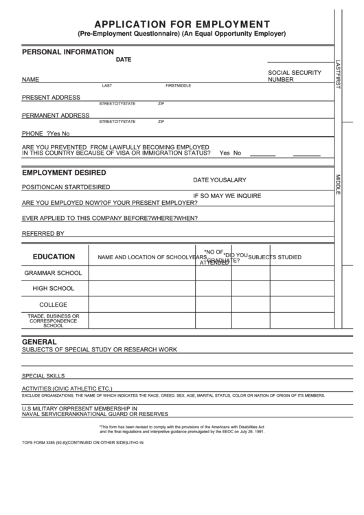 Fillable Application For Employment Printable pdf