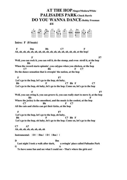At The Hop - Singer/medora/white Palisades Park - Chuck Barris Do You Wanna Dance - Bobby Freeman Chord Chart Printable pdf