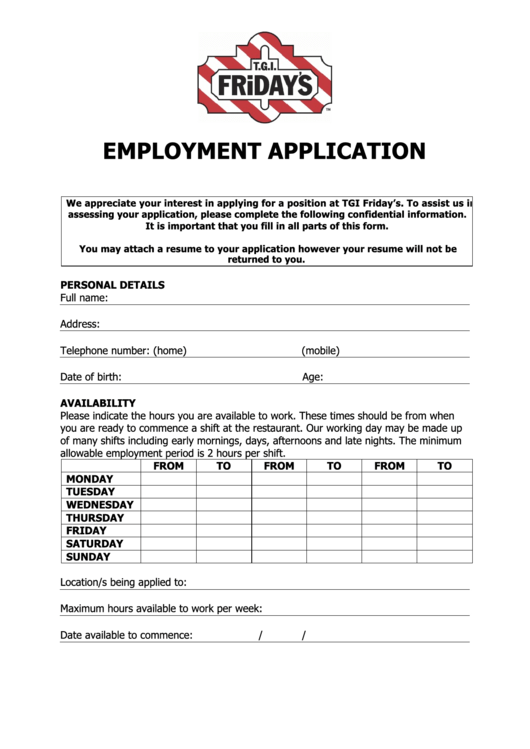 Fillable Tgi Fridays Employment Application Printable pdf
