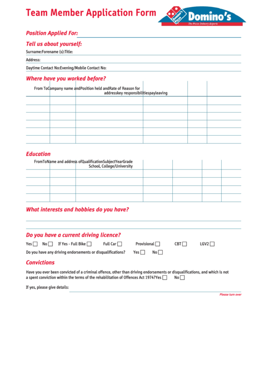 Fillable Dominos Team Member Application Form Printable pdf