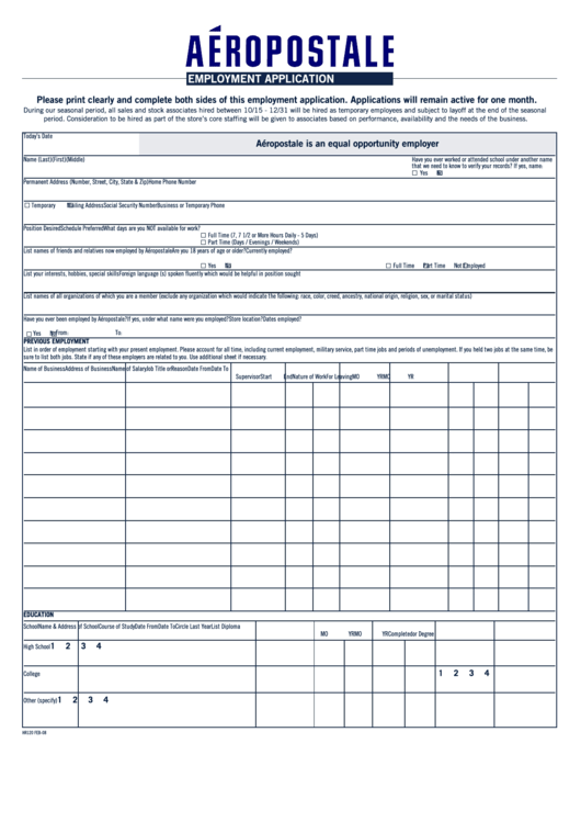 Aeropostale Employment Application Form Printable pdf