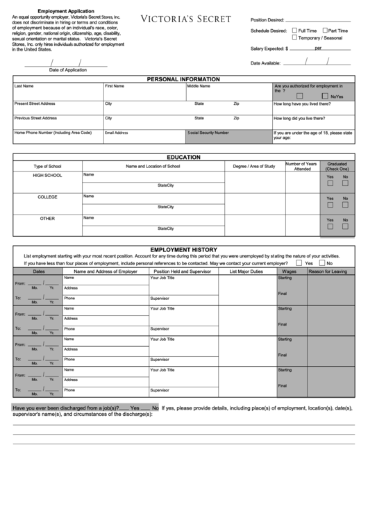 Fillable Victorias Secret Job Application Form Printable pdf