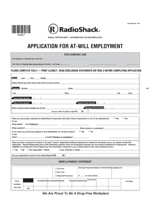 Application For At Will Employment Printable pdf