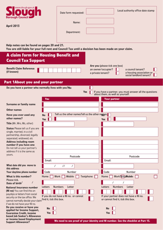 A Claim Form For Housing Benefit And Council Tax Support Printable pdf