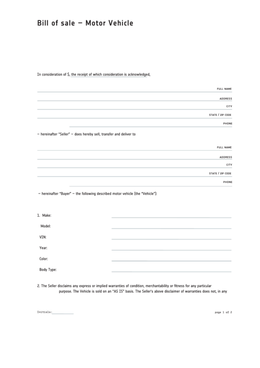 Fillable Bill Of Sale - Motor Vehicle Printable pdf