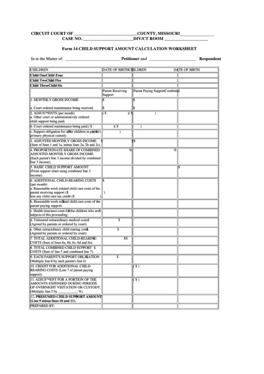 Form 14 Child Support Amount Calculation Worksheet Printable pdf
