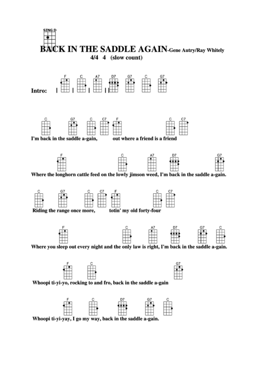 Back In The Saddle Again - Gene Autry/ray Whitely Chord Chart Printable pdf