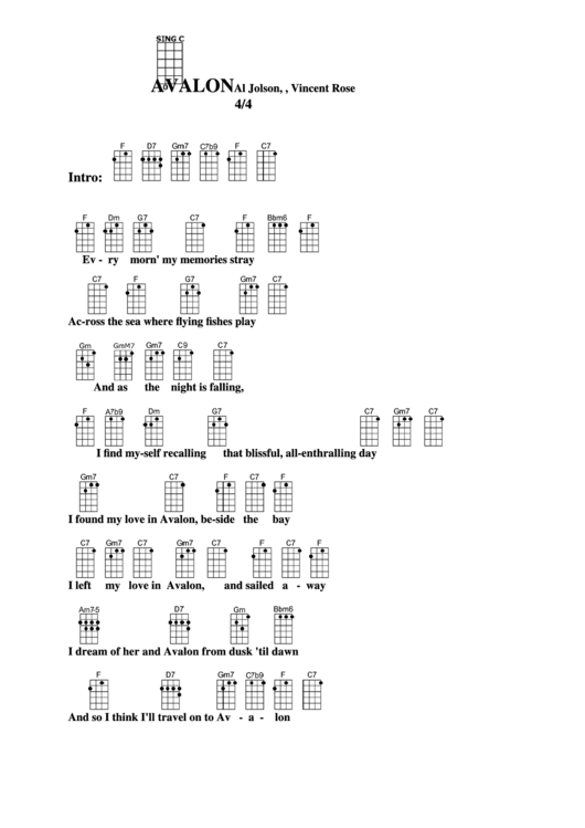 Avalon - Al Jolson, B.g. Desylva, Vincent Rose Chord Chart printable ...