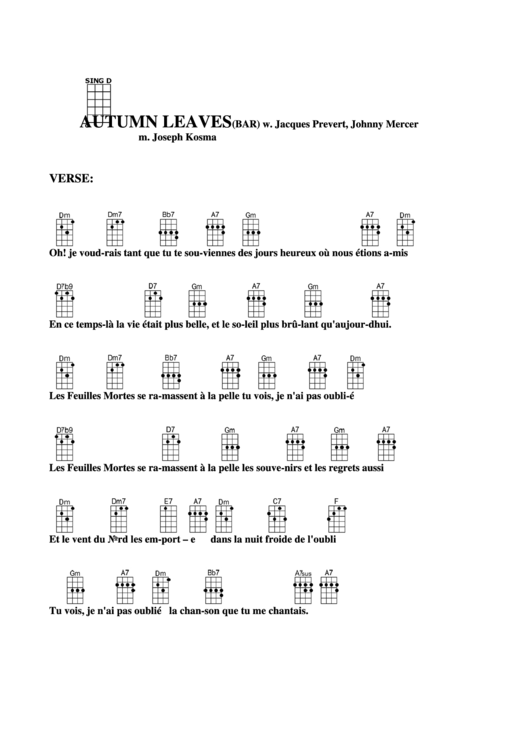 Autumn Leaves (Bar) - W. Jacques Prevert, Johnny Mercer Chord Chart Printable pdf