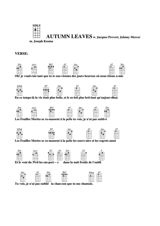 Autumn Leaves - W. Jacques Prevert, Johnny Mercer Chord Chart Printable pdf