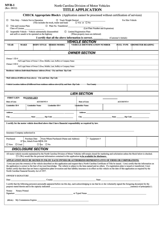 Fillable Form Mvr-1 - Title Application Printable pdf