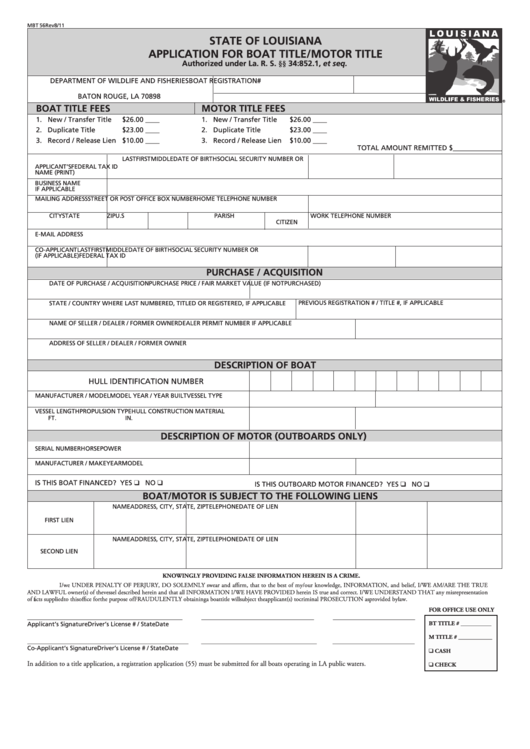 Form Mbt 56 - Application For Boat Title/motor Title Printable pdf