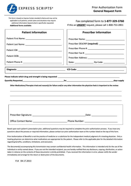 Fillable Form F14 - Prior Authorization Form Printable pdf