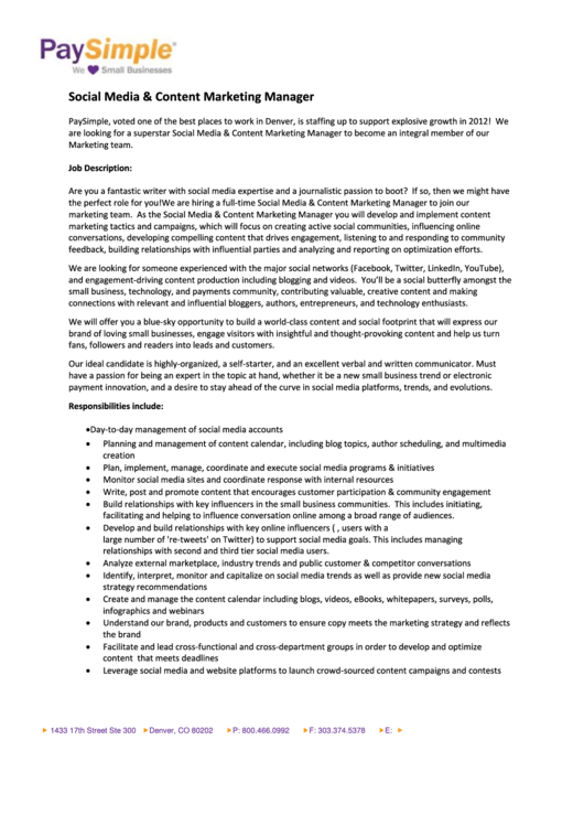 Social Media & Content Marketing Manager Job Description Printable pdf