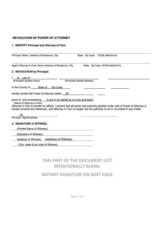Fillable Revocation Of Power Of Attorney Printable pdf