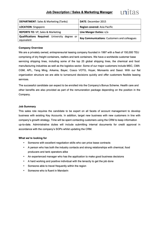 Job Description / Sales & Marketing Manager Printable pdf