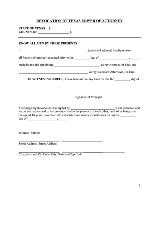 Fillable Revocation Of Texas Power Of Attorney Printable pdf