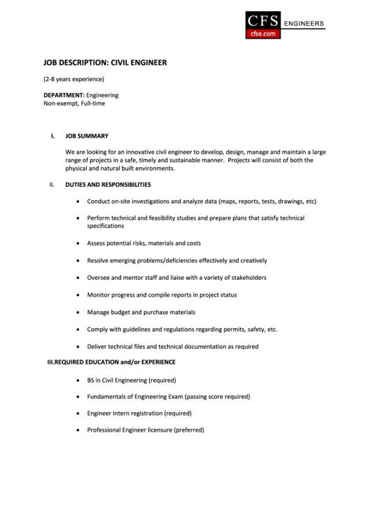 Job Description civil Engineer Printable Pdf Download