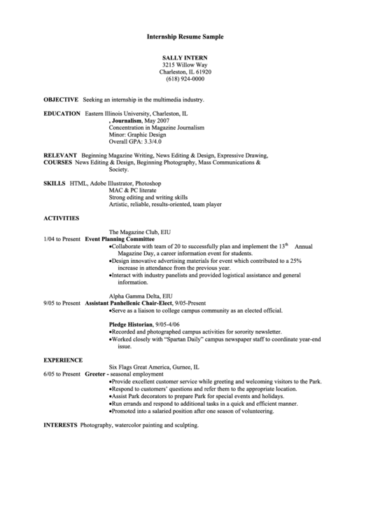 Internship Resume Sample Printable pdf