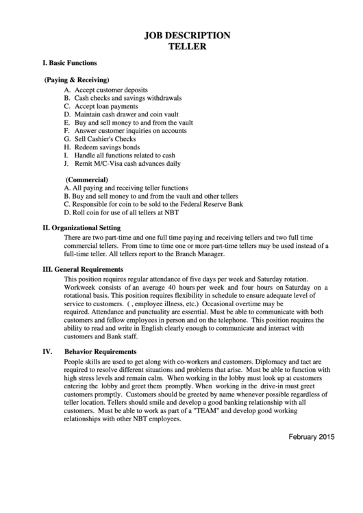 Job Description Teller Printable pdf
