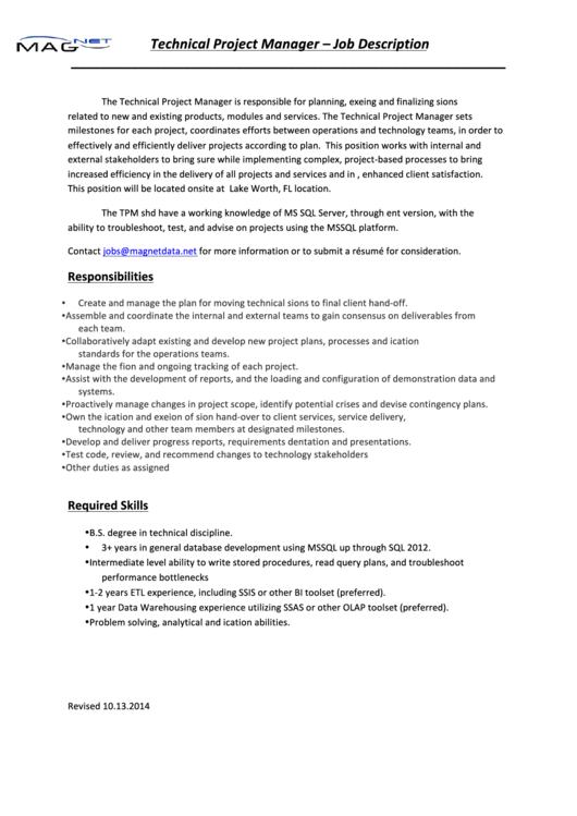 Technical Project Manager - Job Description Printable pdf