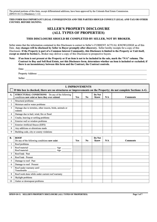 Seller'S Property Disclosure (All Types Of Properties) printable pdf