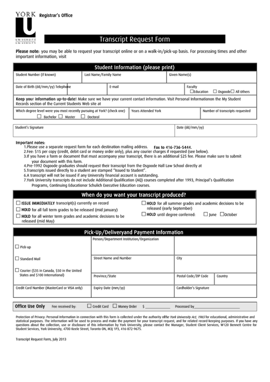 Transcript Request Form - York University - Registrar